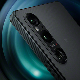 Image of the Xperia 1 V on a black background with light blue swirls