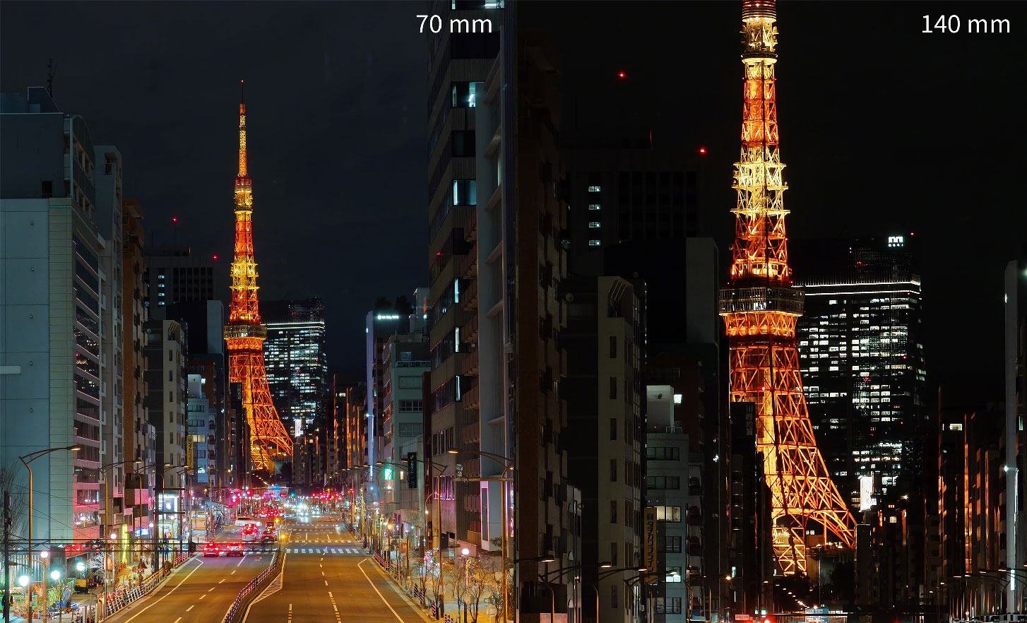 Two photos of a city at nighttime, one in close up