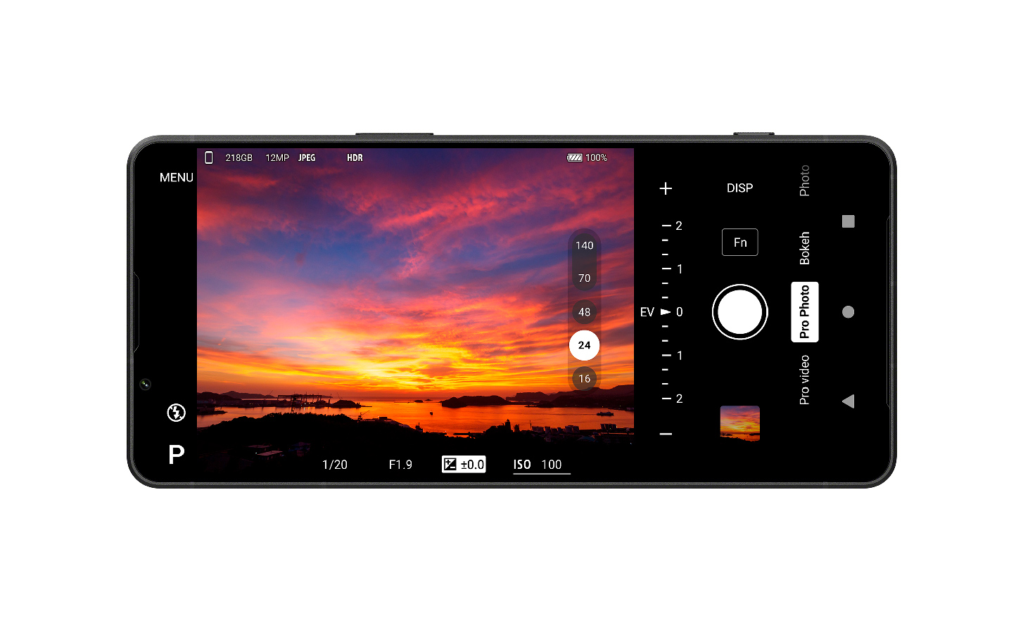 Horizontal view of phone screen showing a dramatic sunset