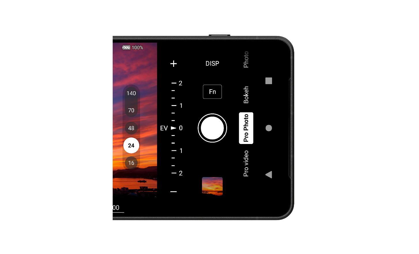 Horizontal close up of a phone screen with camera controls